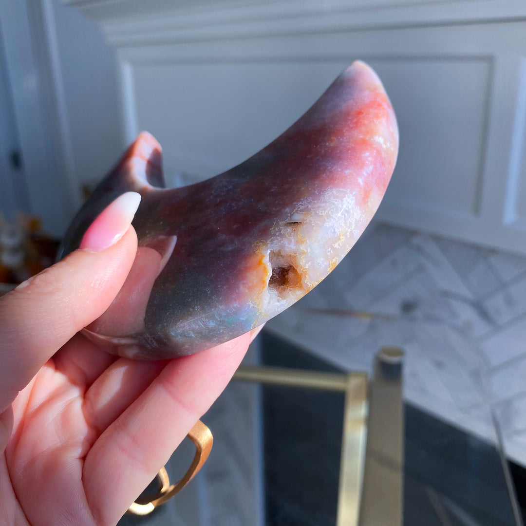 Large Pastel Ocean Jasper Moon on Gold Stand 
