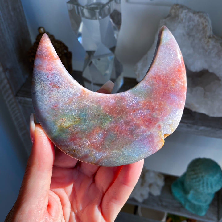 Large Pastel Ocean Jasper Moon on Gold Stand 