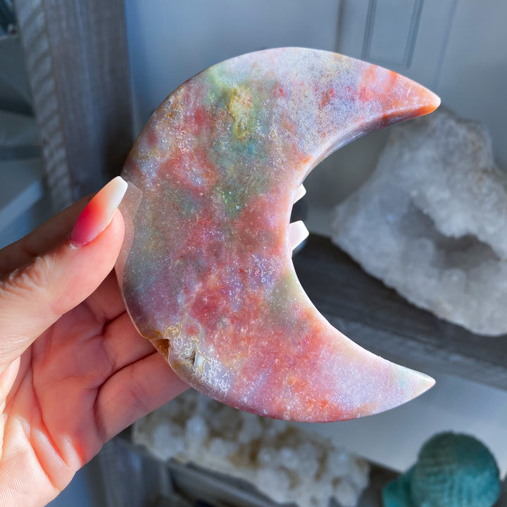 Large Pastel Ocean Jasper Moon on Gold Stand 