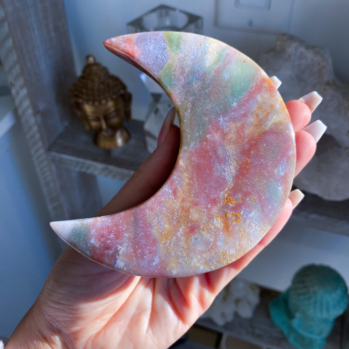 Large Pastel Ocean Jasper Moon on Gold Stand 