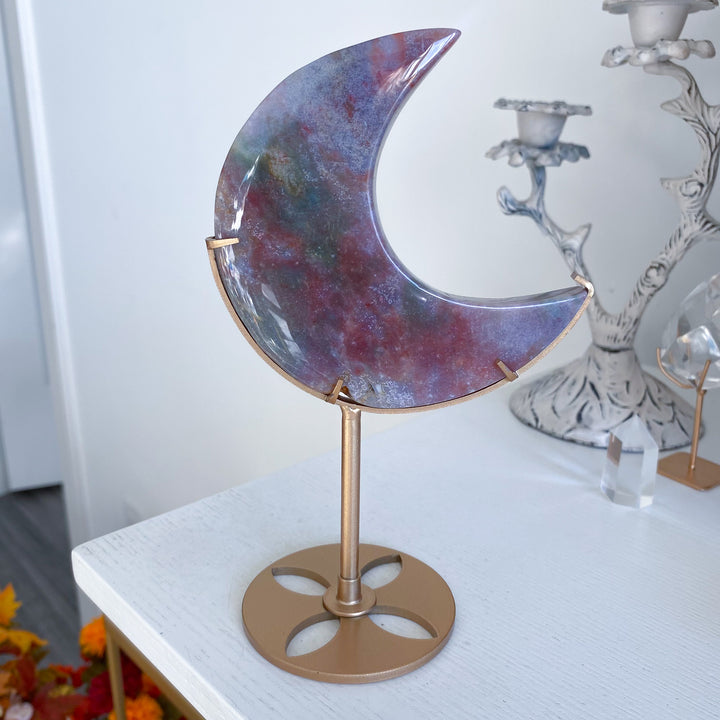Large Pastel Ocean Jasper Moon on Gold Stand 