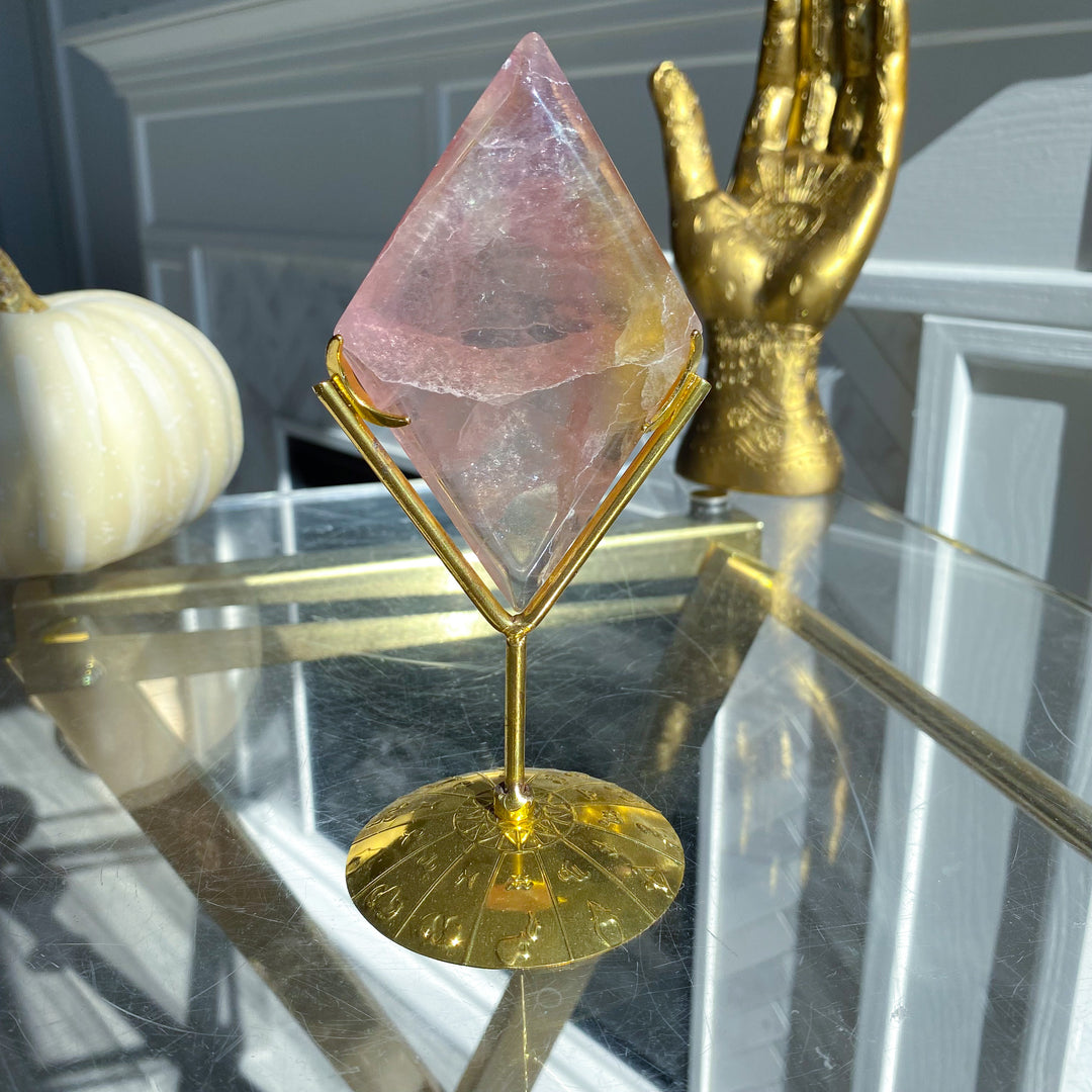 Purple &amp; Yellow Fluorite Diamond on Stand 