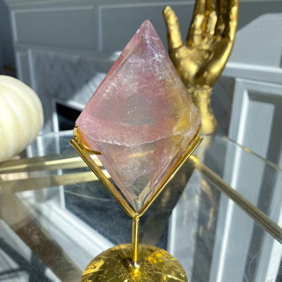 Purple &amp; Yellow Fluorite Diamond on Stand 
