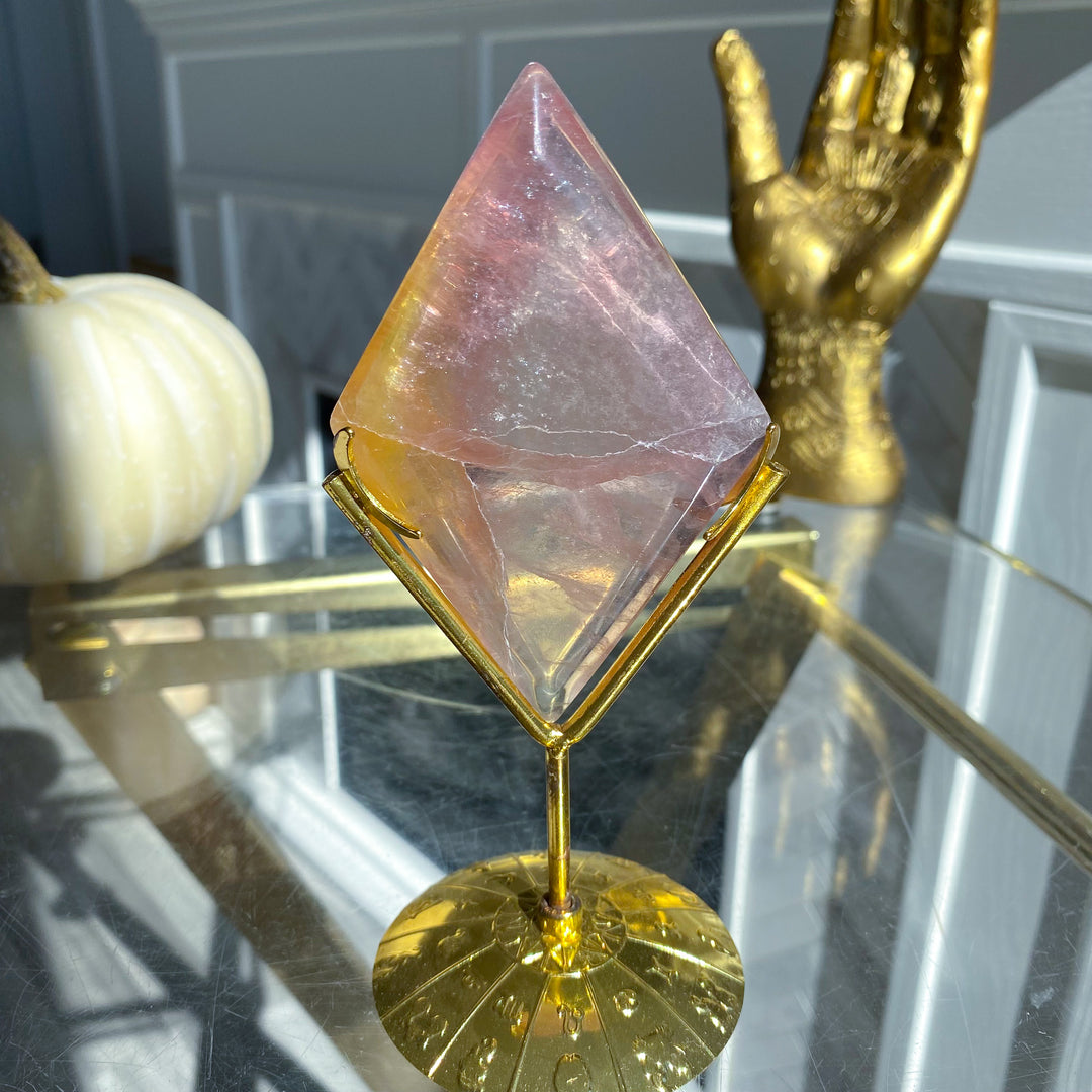 Purple &amp; Yellow Fluorite Diamond on Stand 