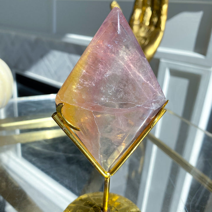 Purple &amp; Yellow Fluorite Diamond on Stand 