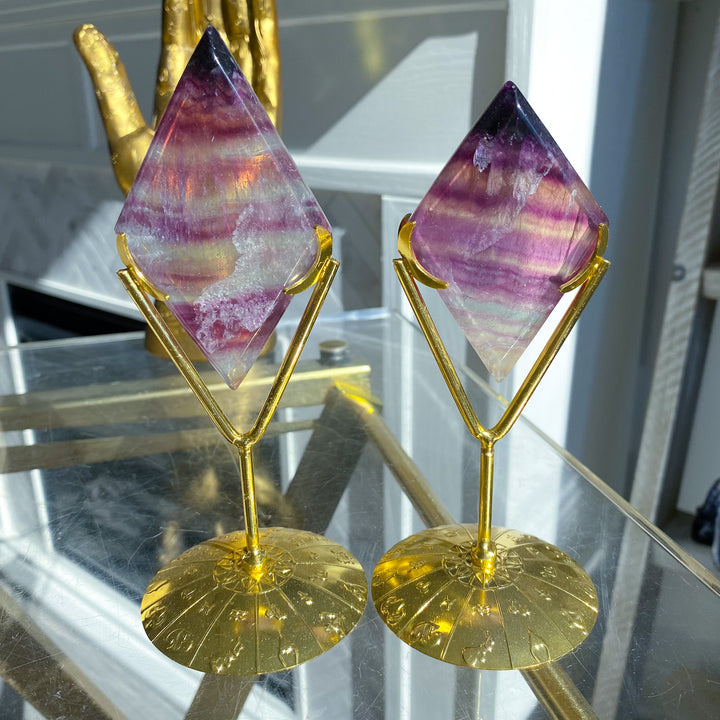 Banded Purple &amp; Green Fluorite Diamond on Stand