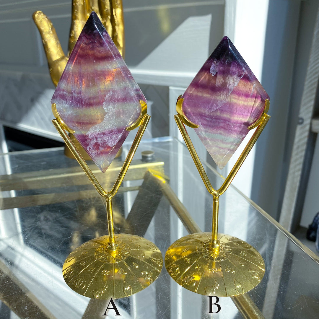 Banded Purple &amp; Green Fluorite Diamond on Stand