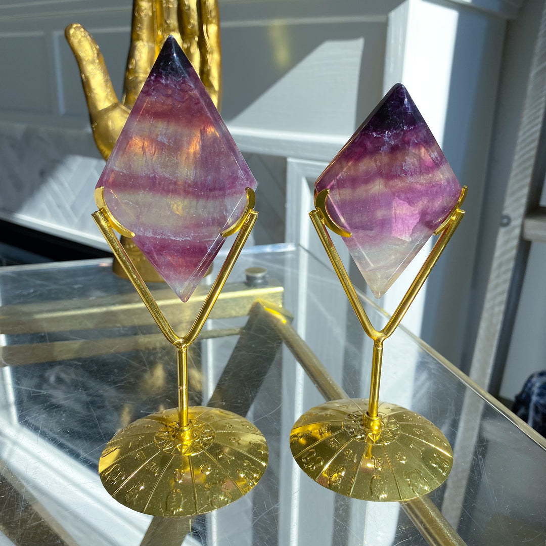Banded Purple &amp; Green Fluorite Diamond on Stand