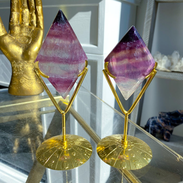 Banded Purple &amp; Green Fluorite Diamond on Stand