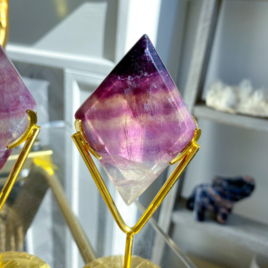 Banded Purple &amp; Green Fluorite Diamond on Stand