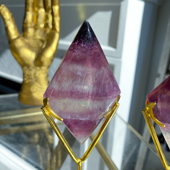 Banded Purple &amp; Green Fluorite Diamond on Stand