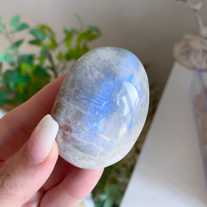 Small Imperfect Blue Flash Moonstone with Sunstone Palm Stone 
