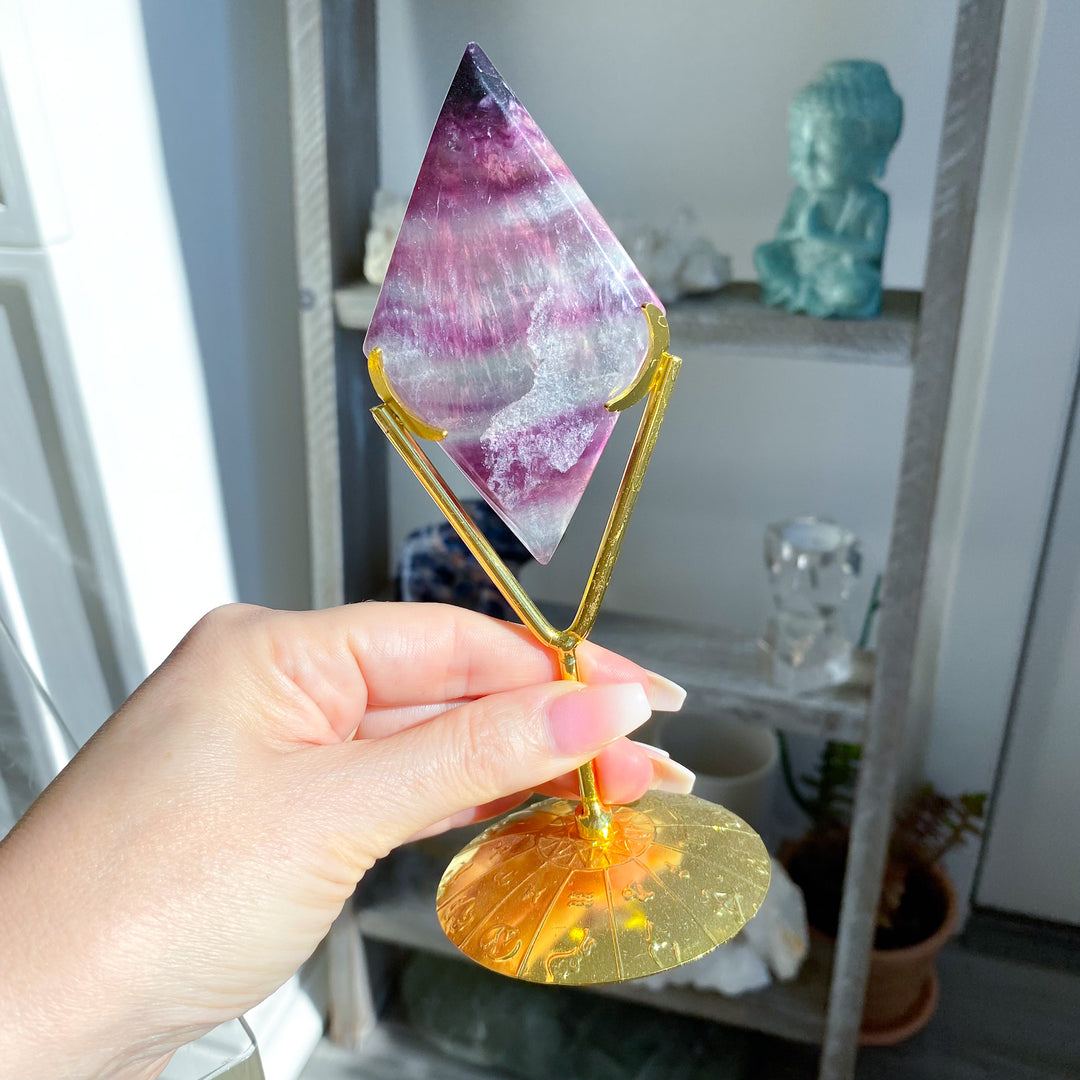 Banded Purple &amp; Green Fluorite Diamond on Stand