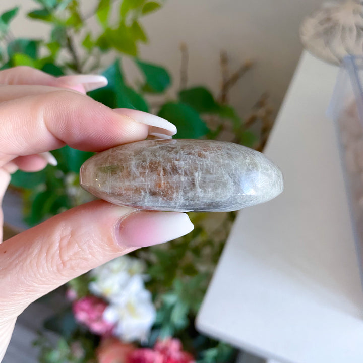 Small Imperfect Blue Flash Moonstone with Sunstone Palm Stone 