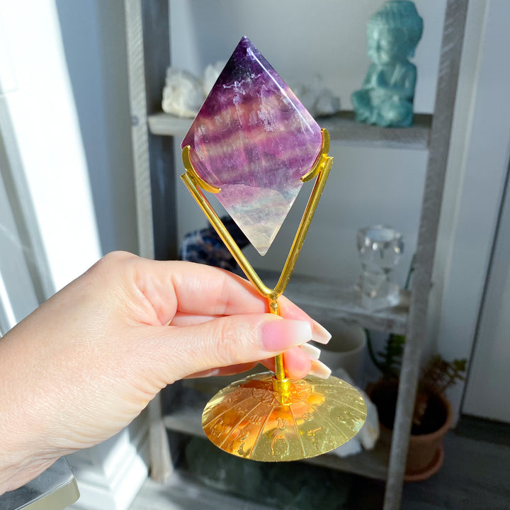 Banded Purple &amp; Green Fluorite Diamond on Stand