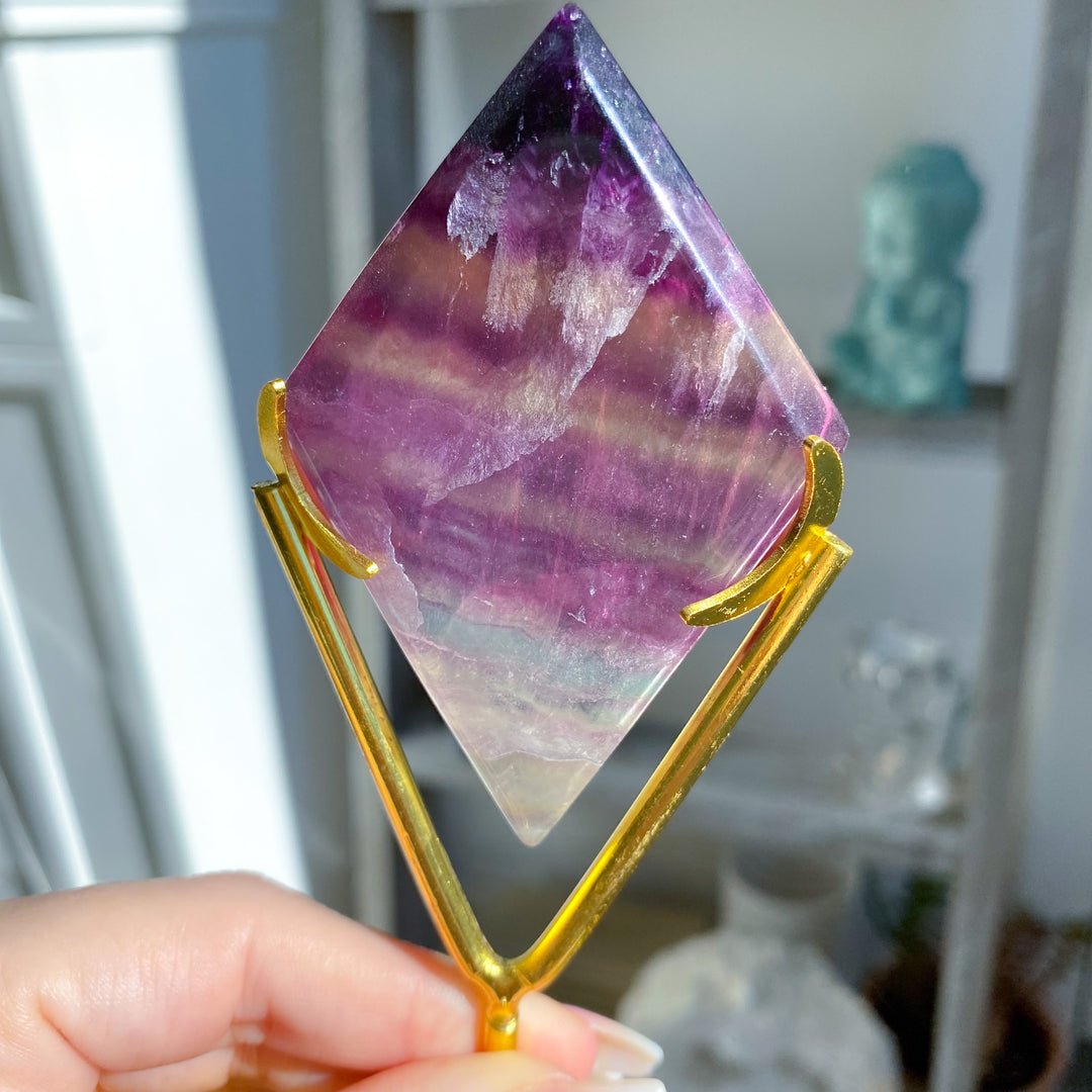 Banded Purple &amp; Green Fluorite Diamond on Stand
