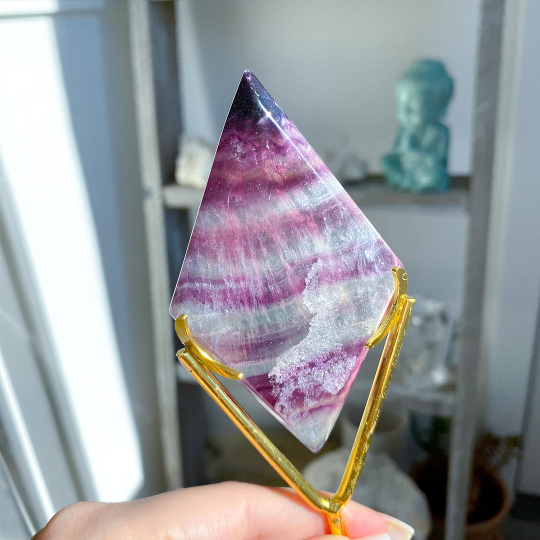 Banded Purple &amp; Green Fluorite Diamond on Stand