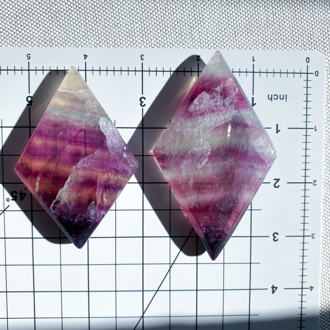 Banded Purple &amp; Green Fluorite Diamond on Stand