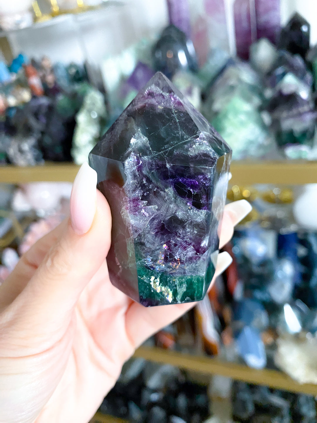 Deep Green, Purple Rainbow Fluorite Cupcake Tower Point