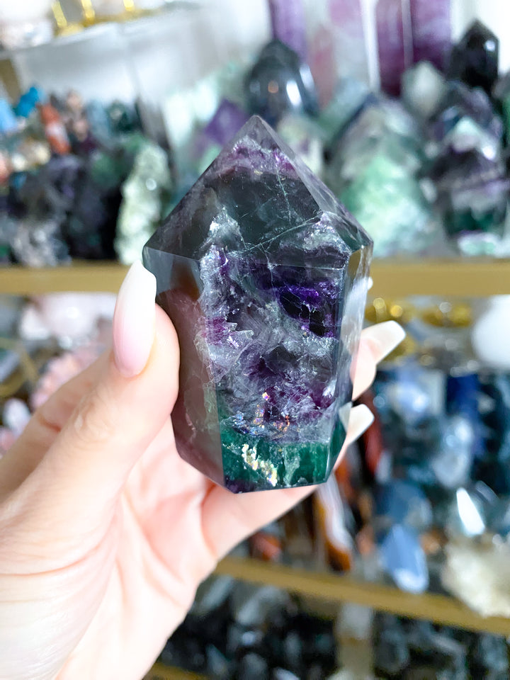 Deep Green, Purple Rainbow Fluorite Cupcake Tower Point