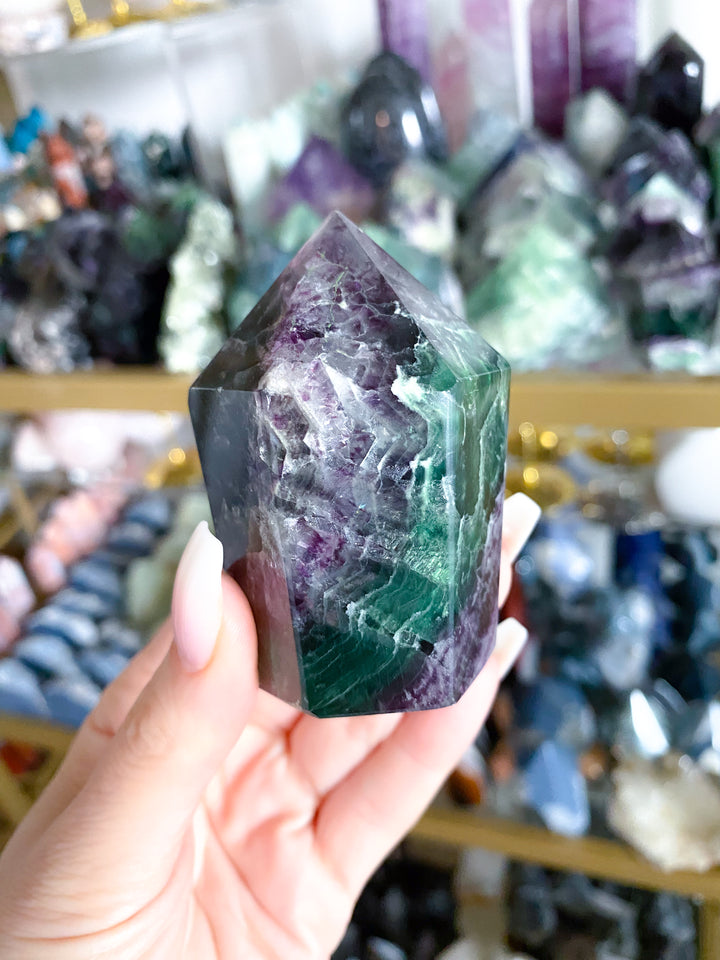 Deep Green, Purple Rainbow Fluorite Cupcake Tower Point