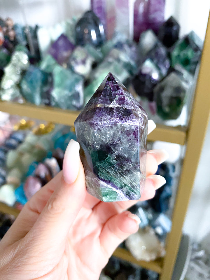 Deep Green, Purple Rainbow Fluorite Cupcake Tower Point