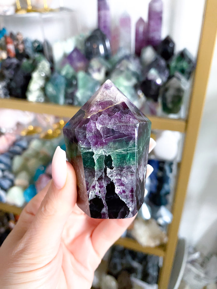 Deep Green, Purple Rainbow Fluorite Cupcake Tower Point
