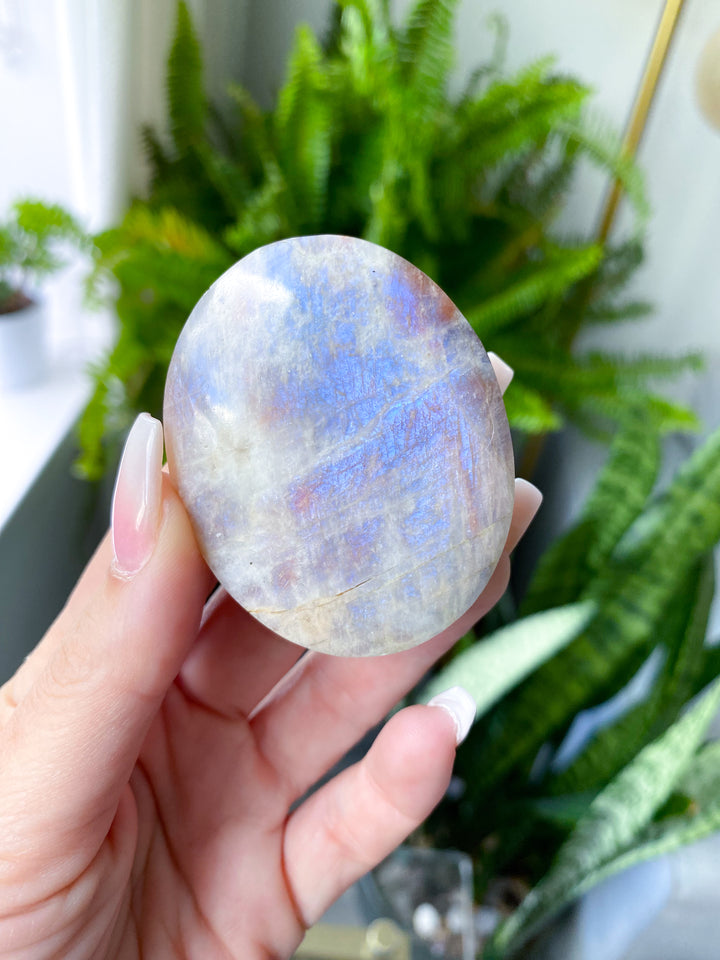 Blue Flash Moonstone with Sunstone Palm Stone - Get Exact Item - Russian Moonstone -  Belomorite - Goddess Energy- Safety - Hope - Happiness - Fresh Start