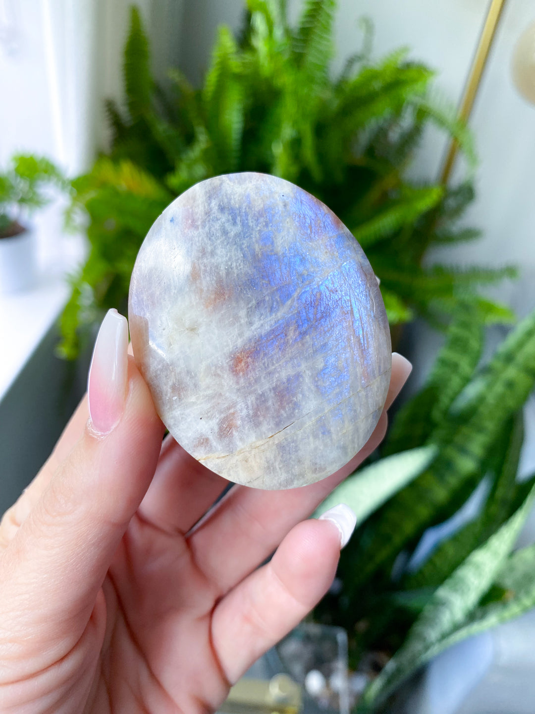 Blue Flash Moonstone with Sunstone Palm Stone - Get Exact Item - Russian Moonstone -  Belomorite - Goddess Energy- Safety - Hope - Happiness - Fresh Start