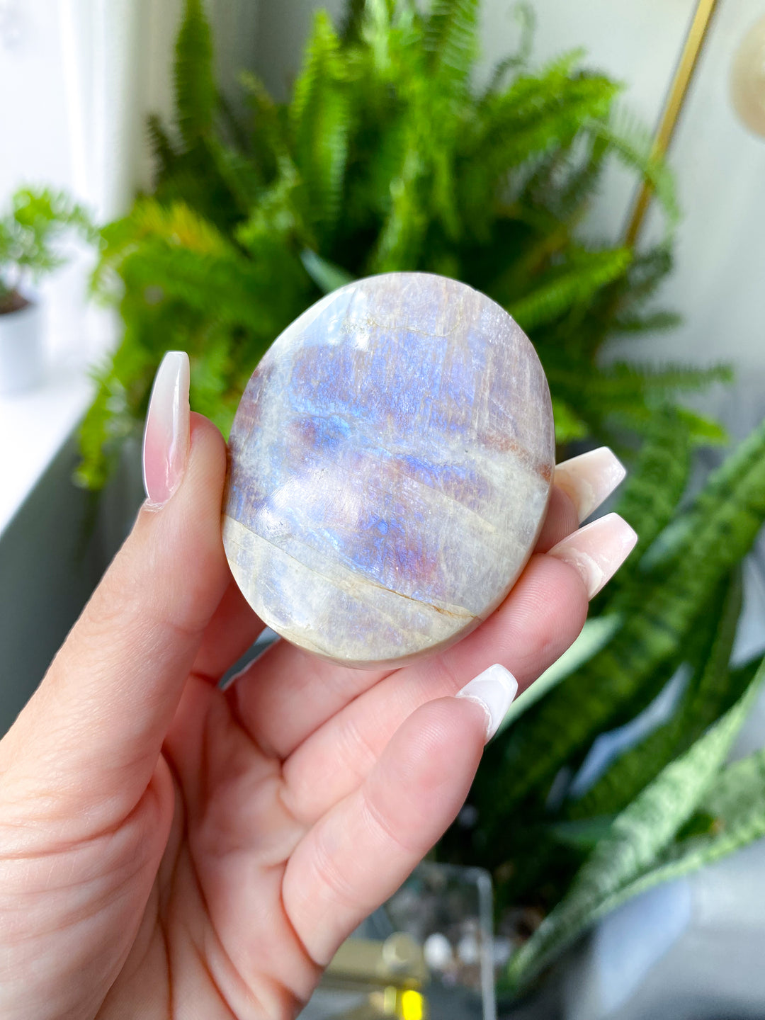 Blue Flash Moonstone with Sunstone Palm Stone - Get Exact Item - Russian Moonstone -  Belomorite - Goddess Energy- Safety - Hope - Happiness - Fresh Start