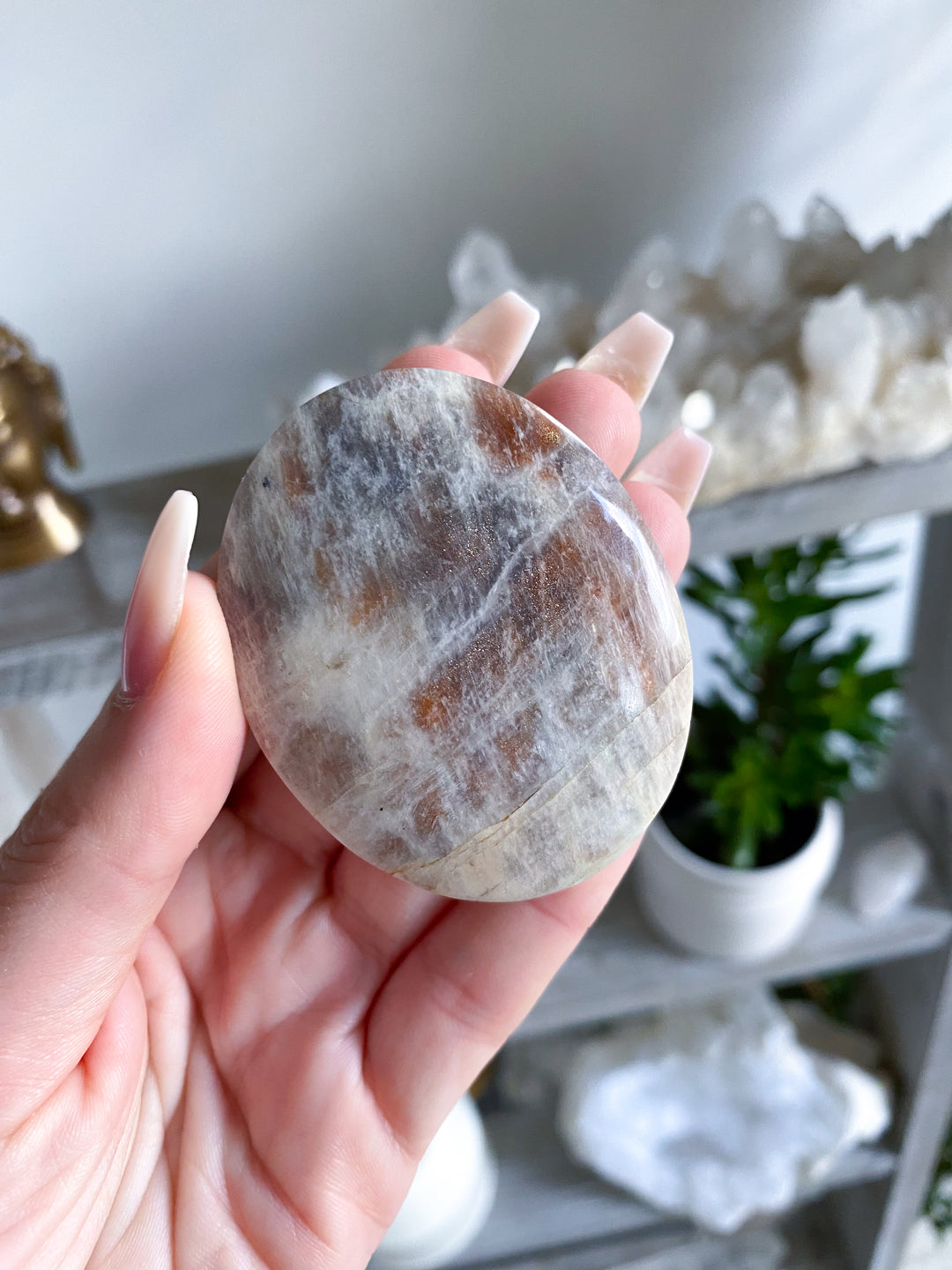 Blue Flash Moonstone with Sunstone Palm Stone - Get Exact Item - Russian Moonstone -  Belomorite - Goddess Energy- Safety - Hope - Happiness - Fresh Start