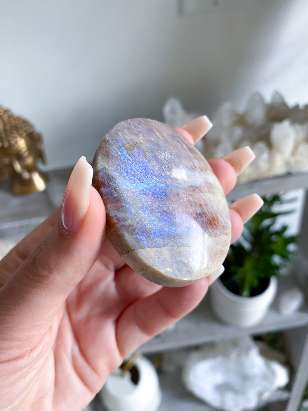 Blue Flash Moonstone with Sunstone Palm Stone - Get Exact Item - Russian Moonstone -  Belomorite - Goddess Energy- Safety - Hope - Happiness - Fresh Start