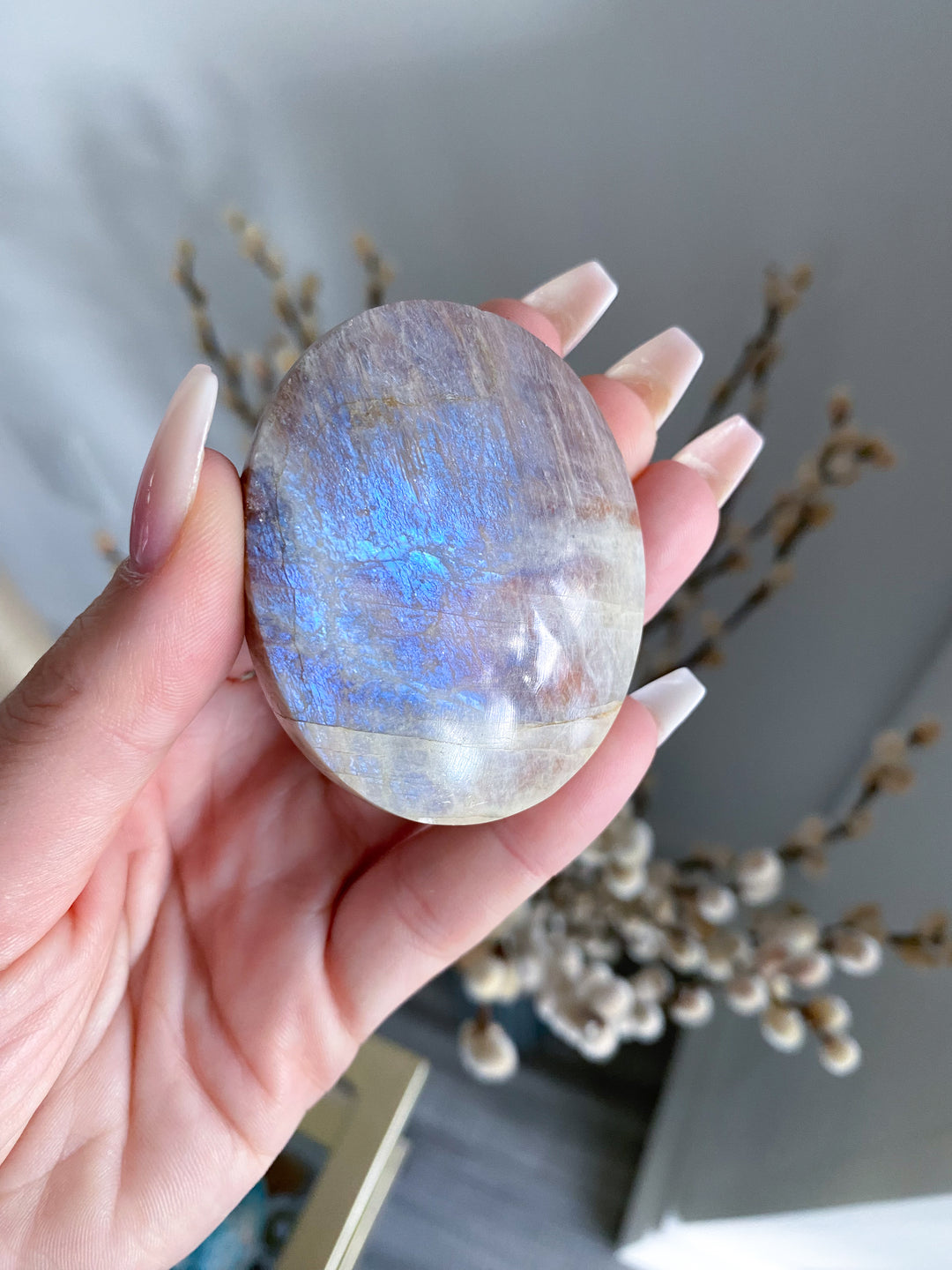 Blue Flash Moonstone with Sunstone Palm Stone - Get Exact Item - Russian Moonstone -  Belomorite - Goddess Energy- Safety - Hope - Happiness - Fresh Start