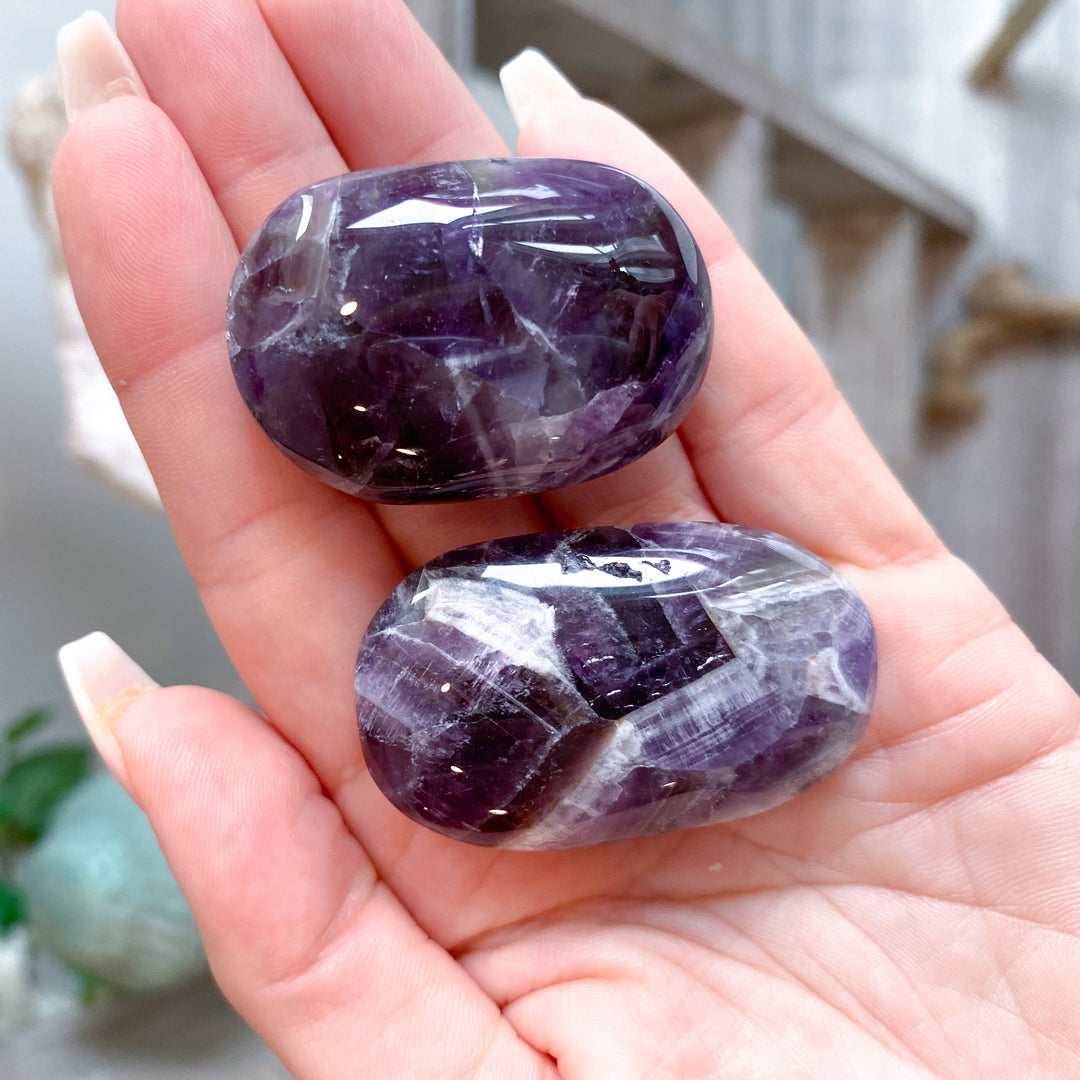 Set: Two Small Dream Chevron Amethyst Palm Stones