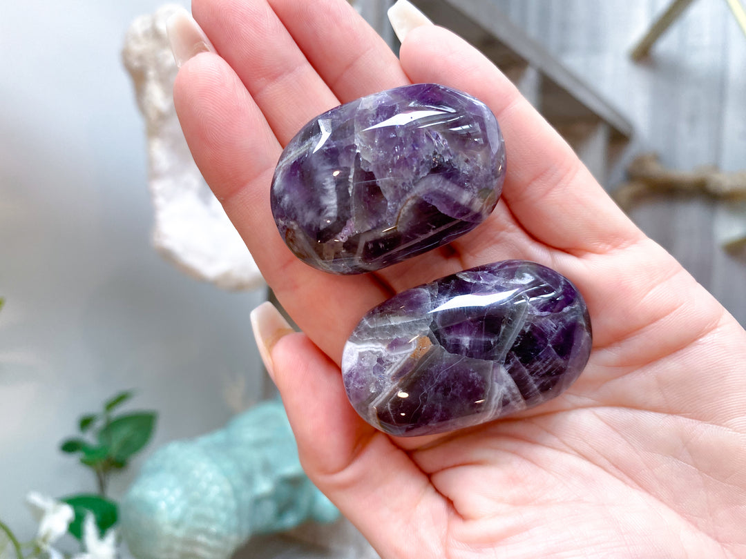 Set: Two Small Dream Chevron Amethyst Palm Stones