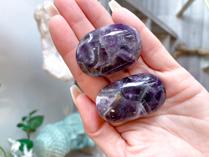 Set: Two Small Dream Chevron Amethyst Palm Stones