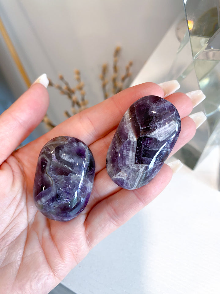 Set: Two Small Dream Chevron Amethyst Palm Stones