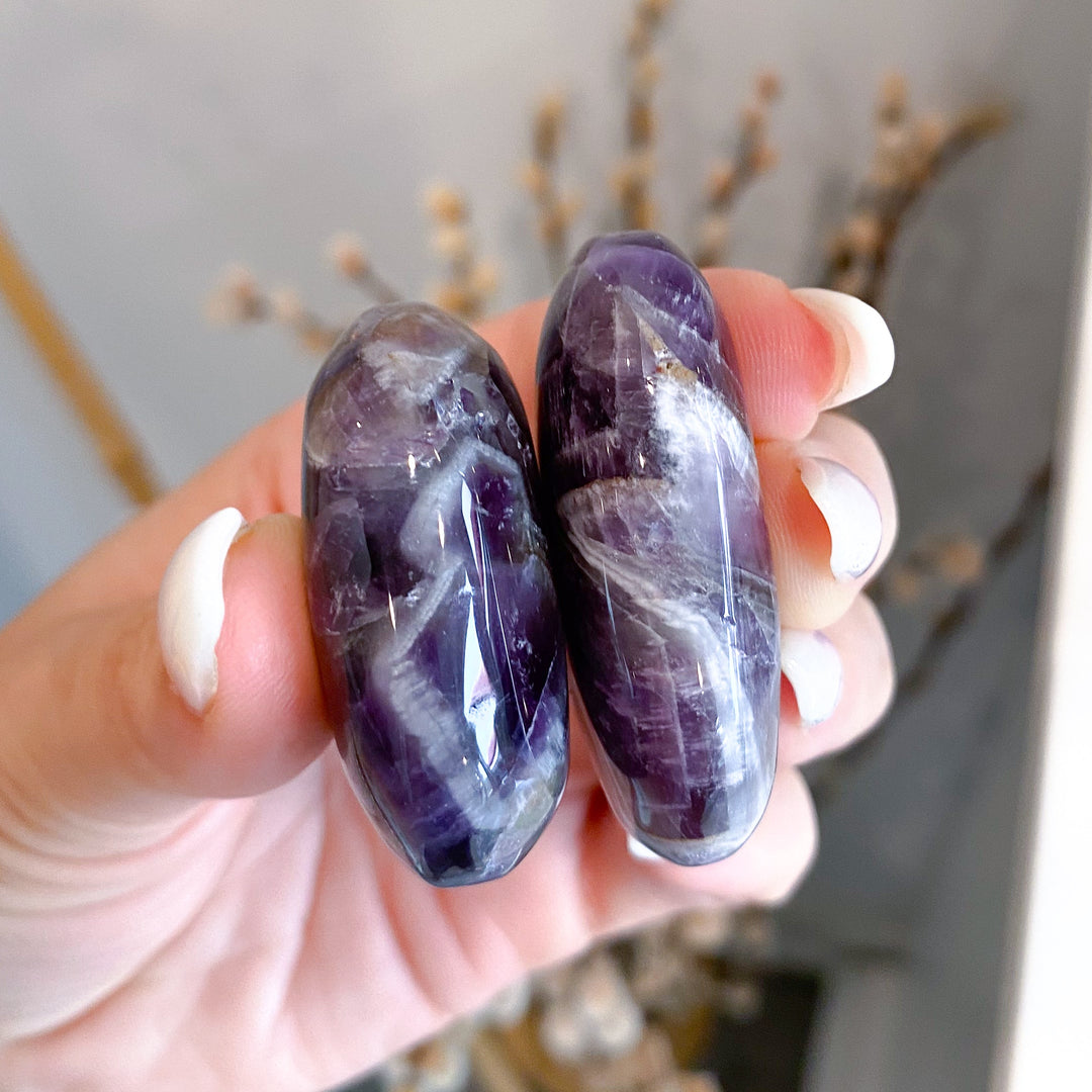 Set: Two Small Dream Chevron Amethyst Palm Stones