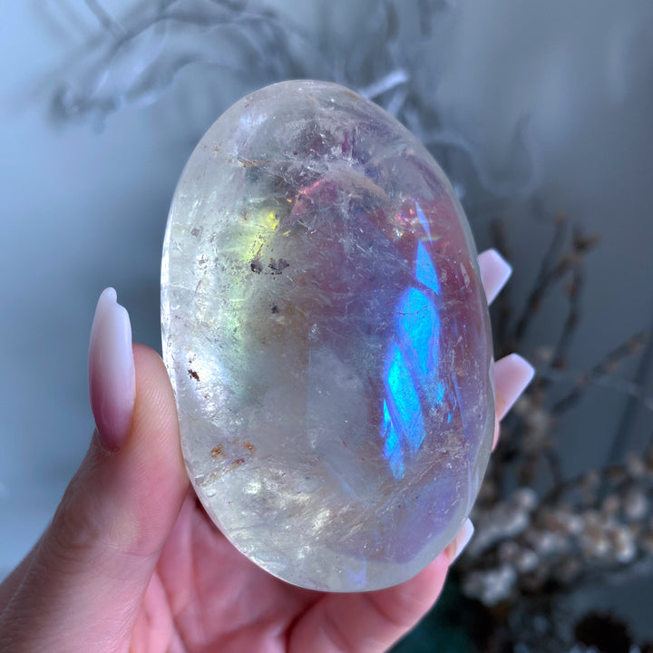 Jumbo Angel Aura Clear Quartz Palm Stone - Inclusions