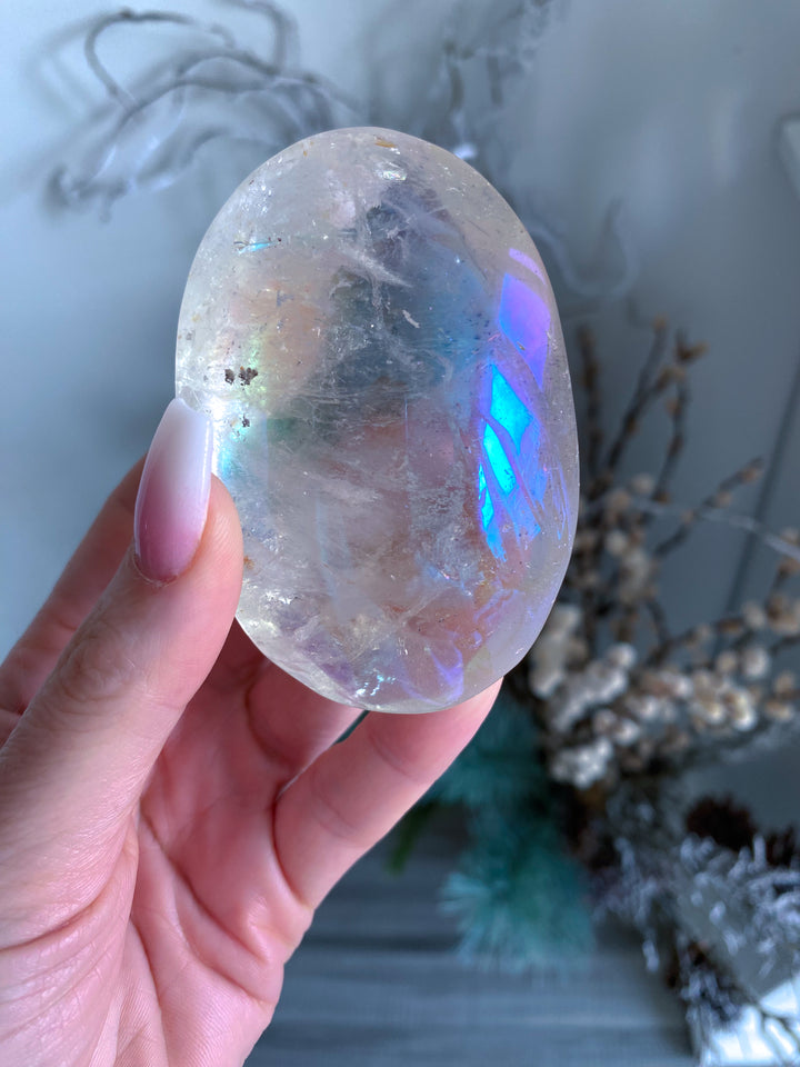 Jumbo Angel Aura Clear Quartz Palm Stone - Inclusions