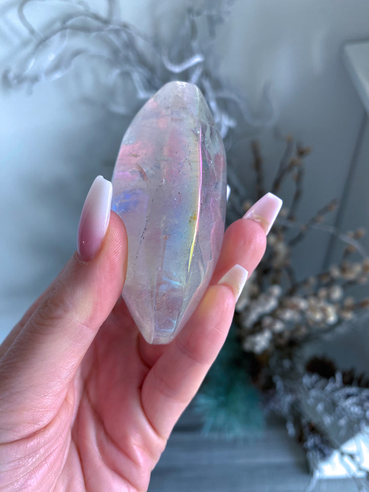 Jumbo Angel Aura Clear Quartz Palm Stone - Inclusions