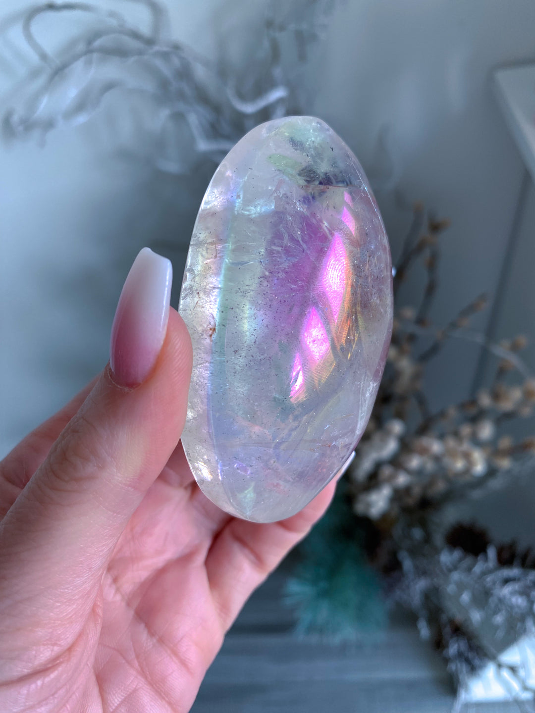 Jumbo Angel Aura Clear Quartz Palm Stone - Inclusions
