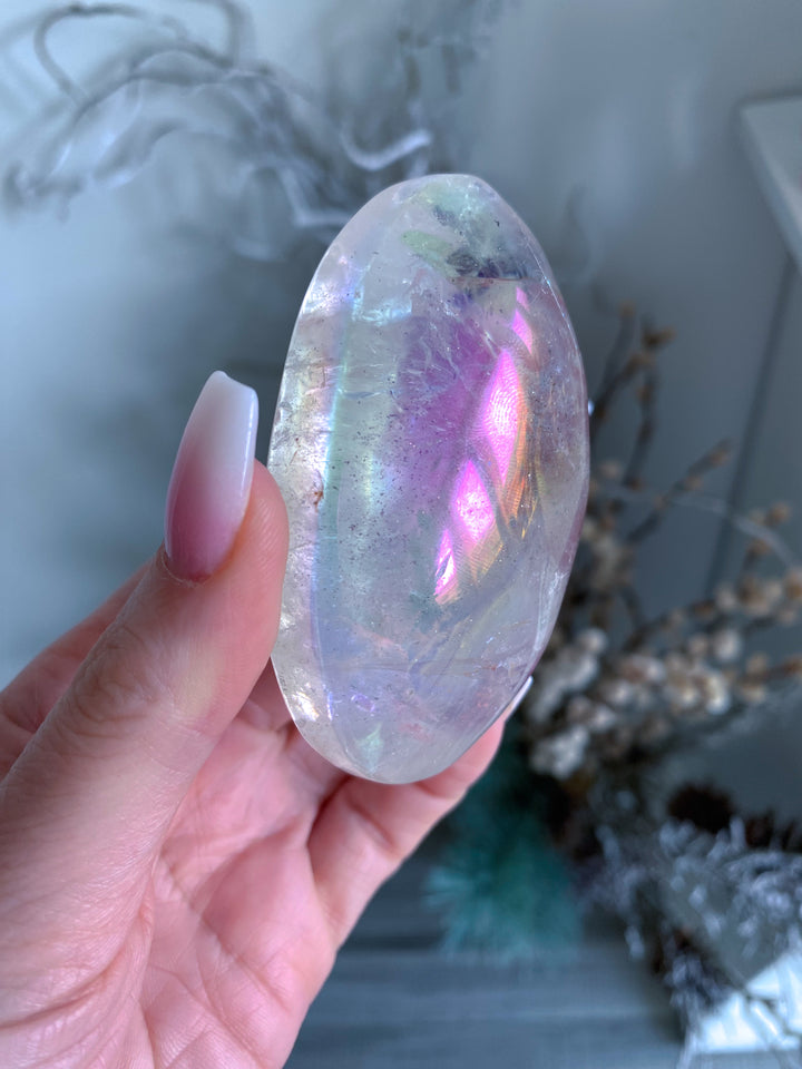 Jumbo Angel Aura Clear Quartz Palm Stone - Inclusions
