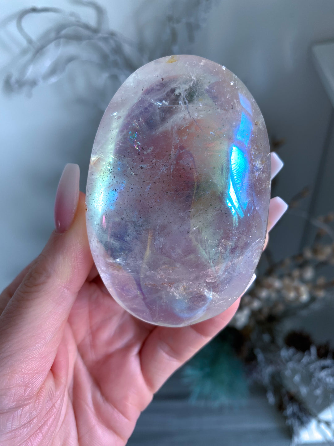 Jumbo Angel Aura Clear Quartz Palm Stone - Inclusions