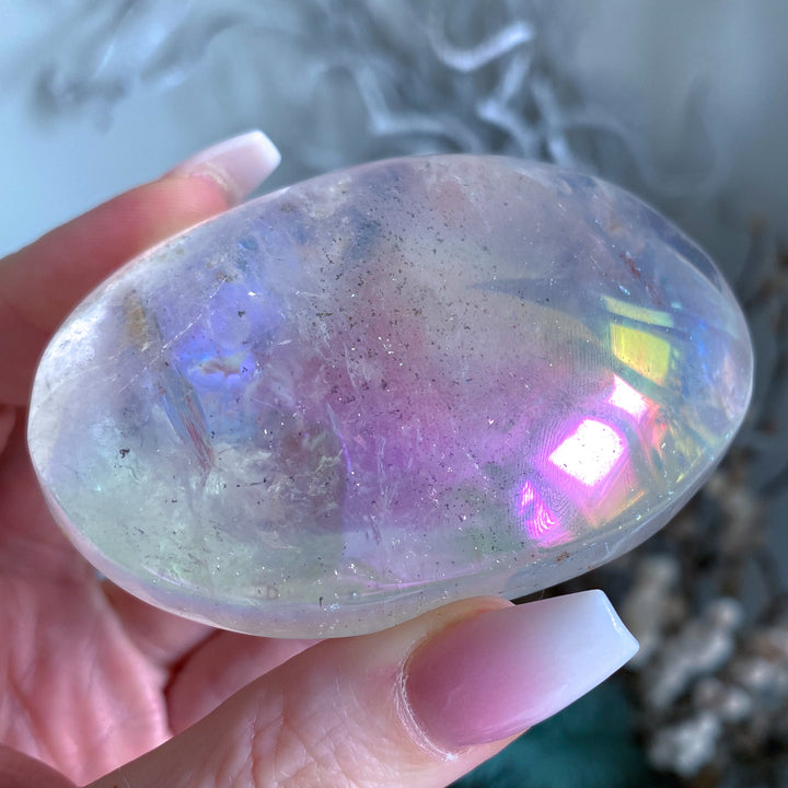 Jumbo Angel Aura Clear Quartz Palm Stone - Inclusions
