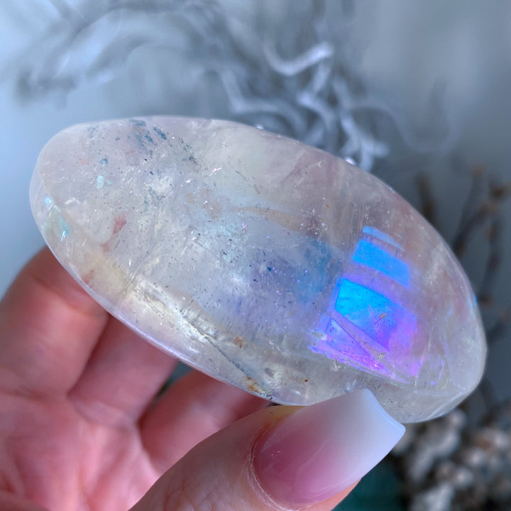 Jumbo Angel Aura Clear Quartz Palm Stone - Inclusions