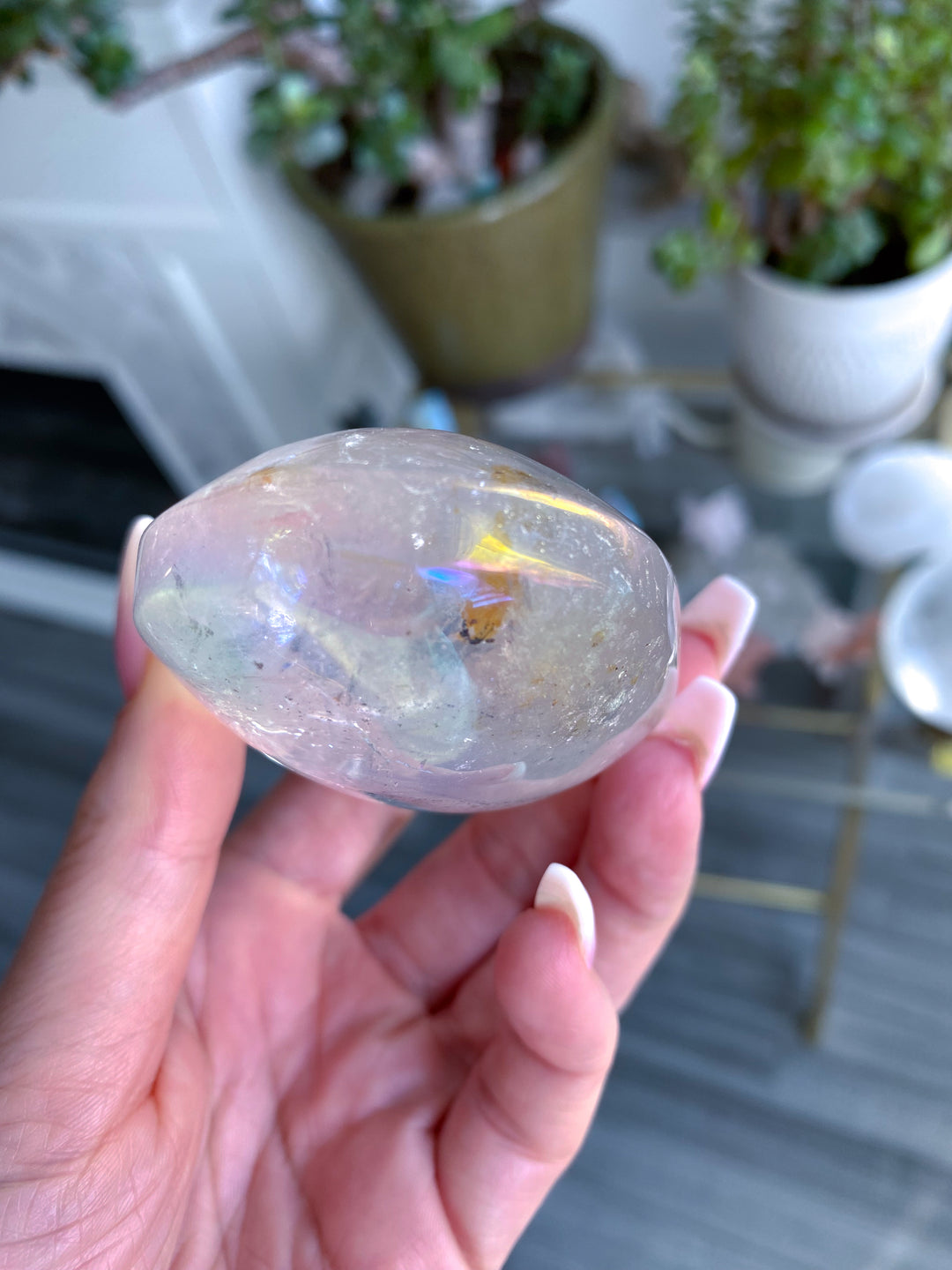 Jumbo Angel Aura Clear Quartz Palm Stone - Inclusions