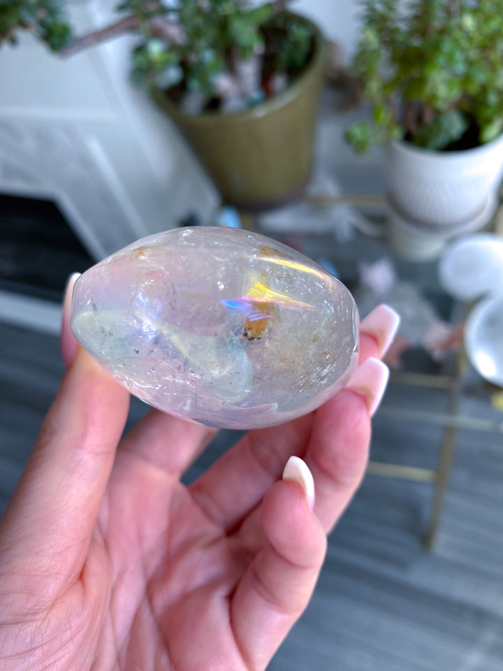 Jumbo Angel Aura Clear Quartz Palm Stone - Inclusions