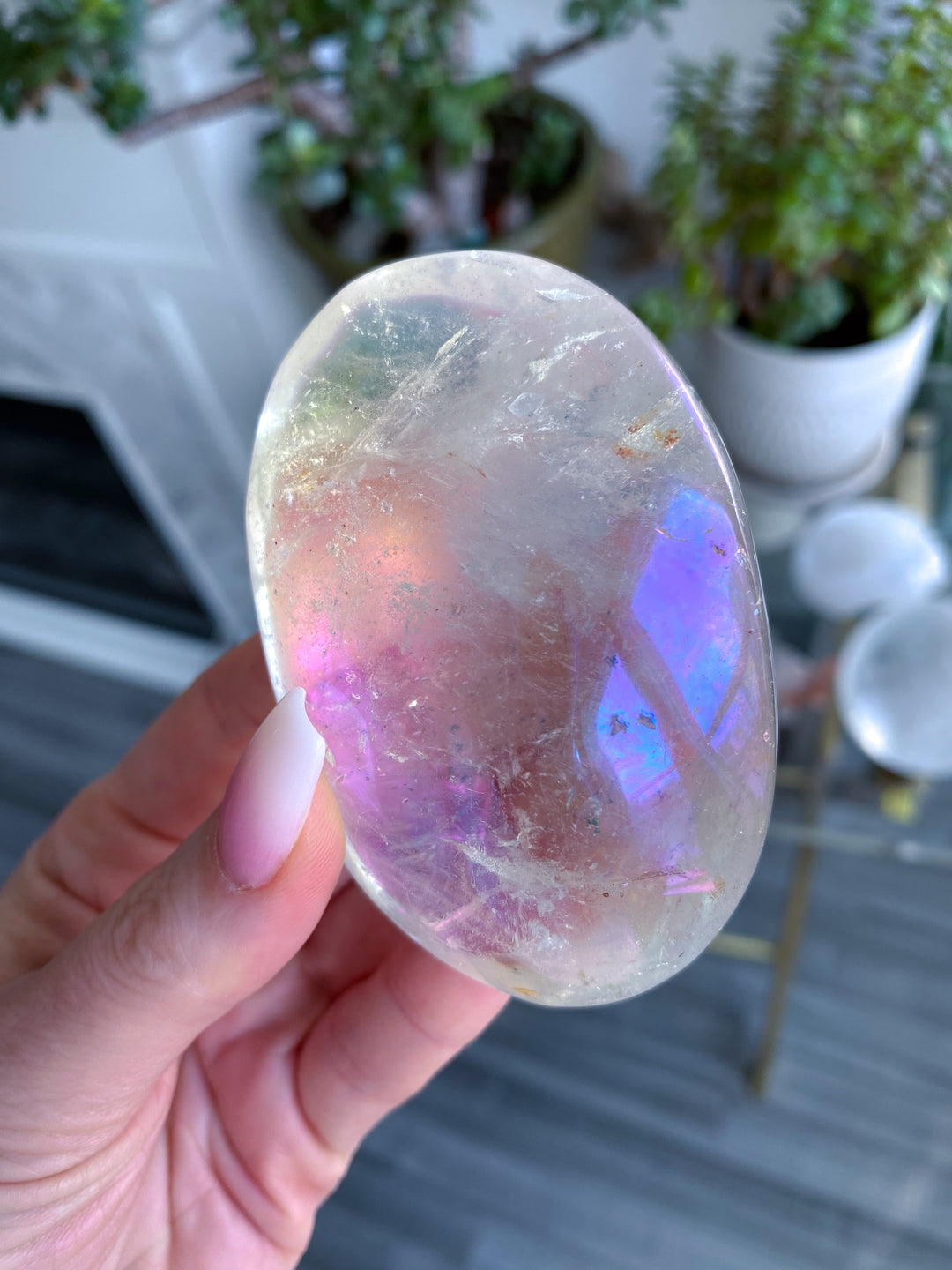 Jumbo Angel Aura Clear Quartz Palm Stone - Inclusions