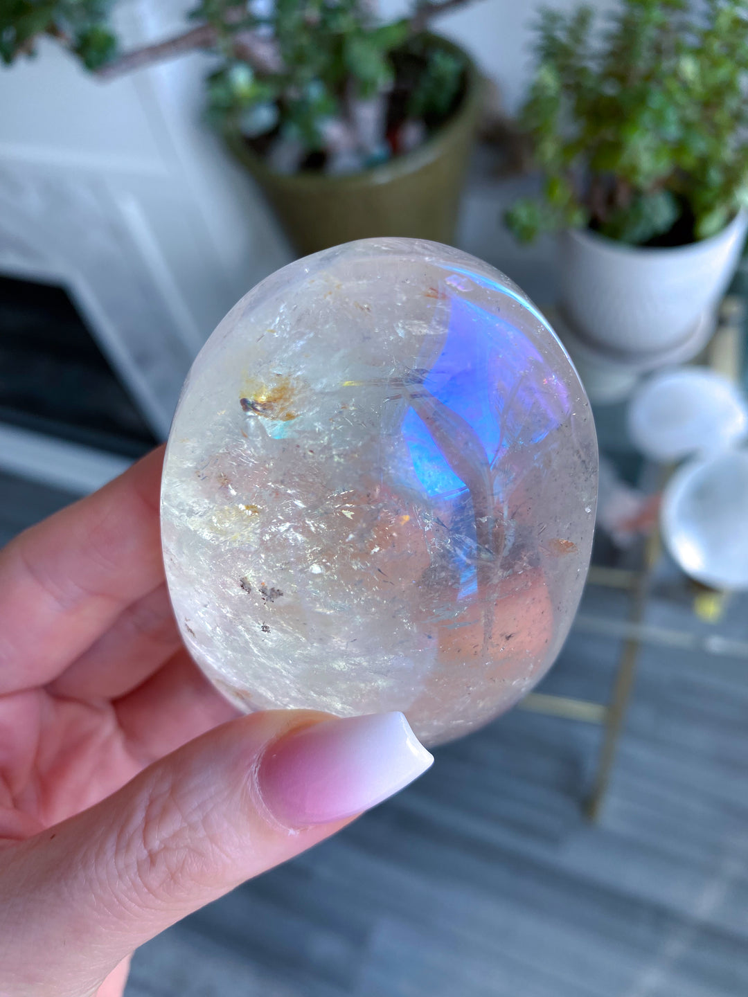 Jumbo Angel Aura Clear Quartz Palm Stone - Inclusions